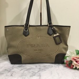 💯 Authentic Prada Tan Leather Canvas Tote Bag